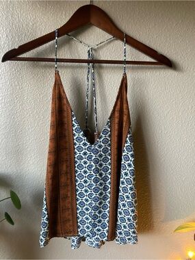 POL Boho Mixed-Print Spaghetti Strap Tank — Rust & Blue